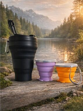 Collapsible Travel Cups Set - Black, Lavender & Orange